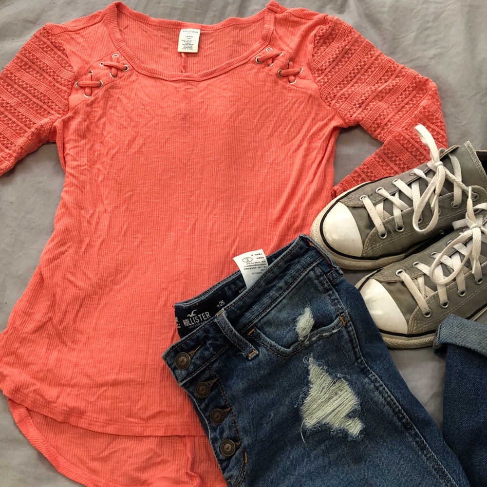 Girls coral lace sleeve shirt